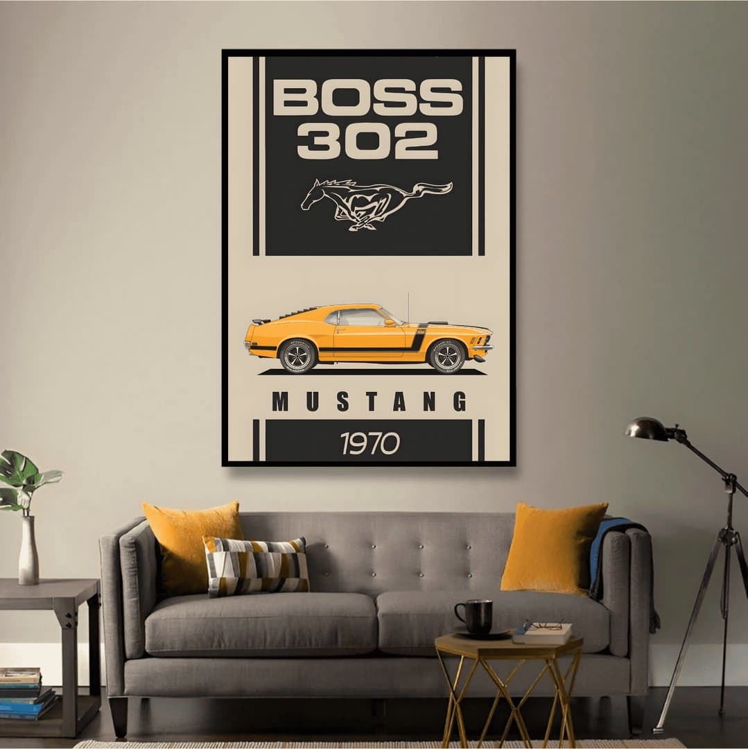1970 Ford Mustang Boss 302 Car Frame & Poster | HD Acrylic Car Wall Decor for Home & Office | Wall Ready Design Frames & Posters 3