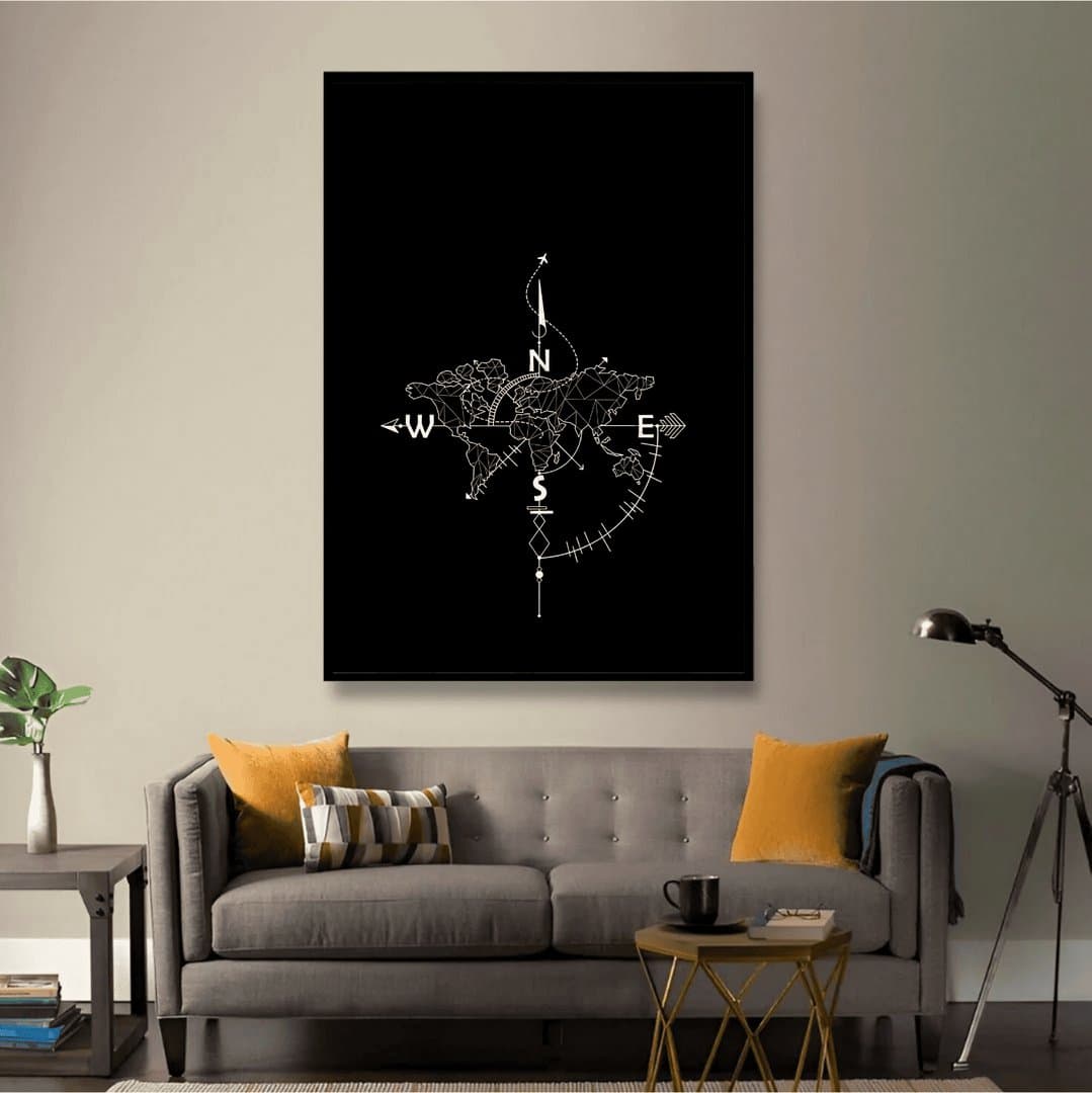 World Compass Minimalist Art (Black & White Aesthetic) Frame & Poster | HD Acrylic Black & White Aesthetic Wall Decor for Home & Office | Wall Ready Design Frames & Posters 3