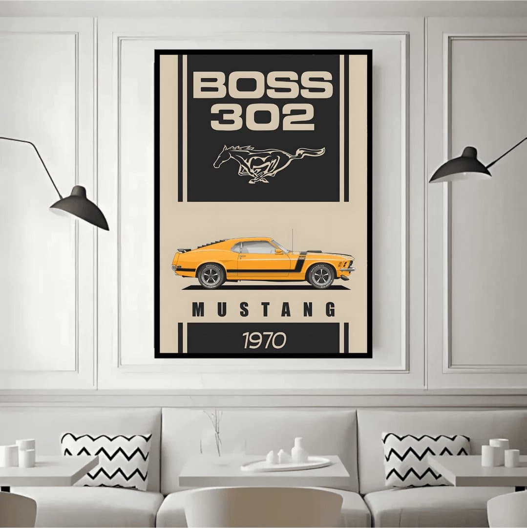 1970 Ford Mustang Boss 302 Car Frame & Poster | HD Acrylic Car Wall Decor for Home & Office | Wall Ready Design Frames & Posters 4