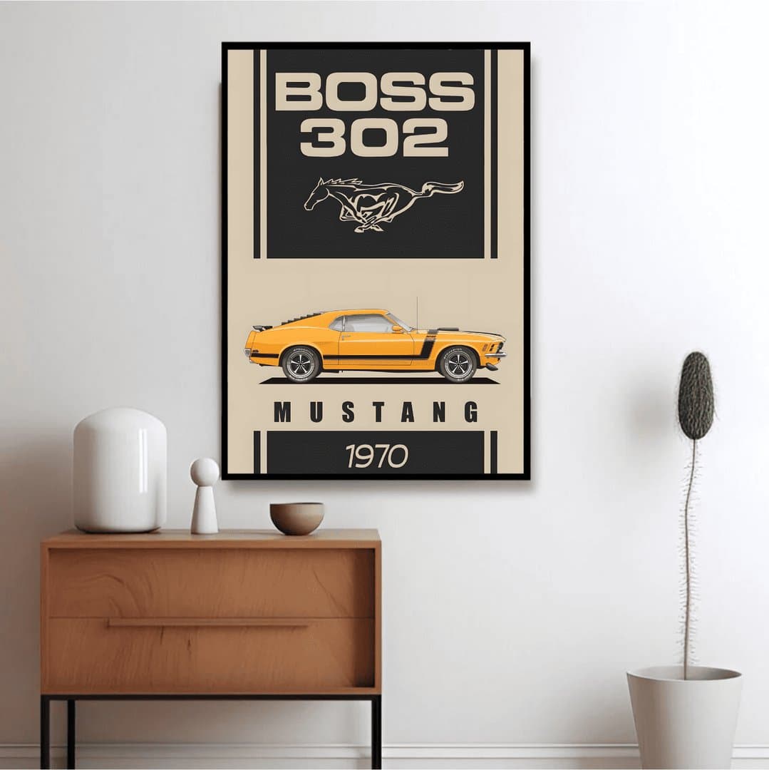 1970 Ford Mustang Boss 302 Car Frame & Poster | HD Acrylic Car Wall Decor for Home & Office | Wall Ready Design Frames & Posters 2