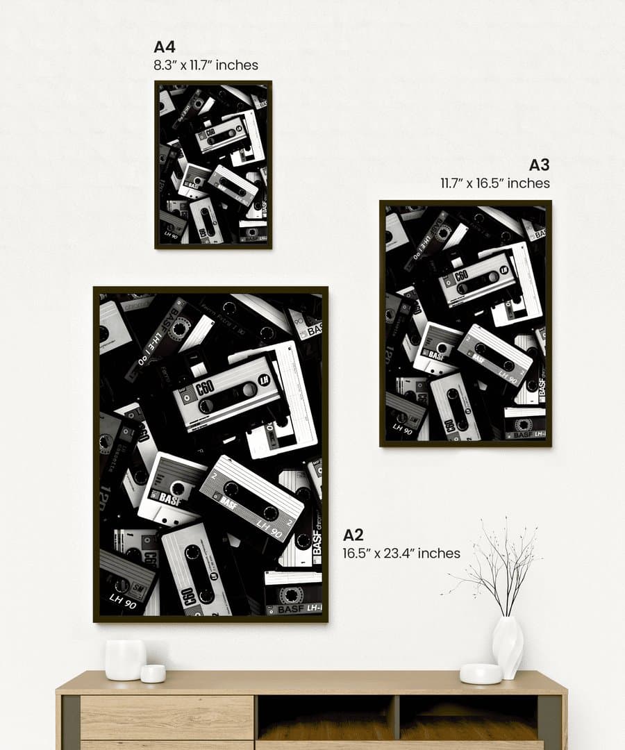 Vintage Compact Cassette Tapes (Black & White Aesthetic) Frame & Poster | HD Acrylic Black & White Aesthetic Wall Decor for Home & Office | Wall Ready Design Frames & Posters 2
