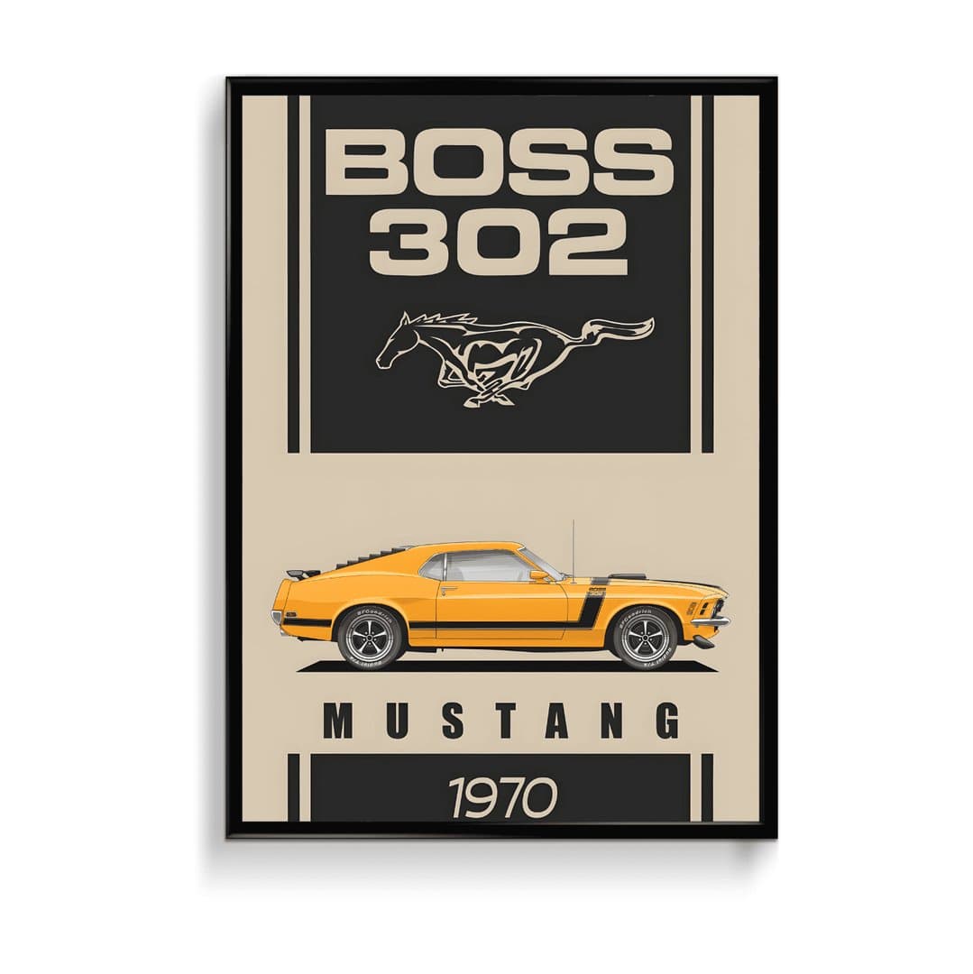 1970 Ford Mustang Boss 302 Car Frame & Poster | HD Acrylic Car Wall Decor for Home & Office | Wall Ready Design Frames & Posters 1