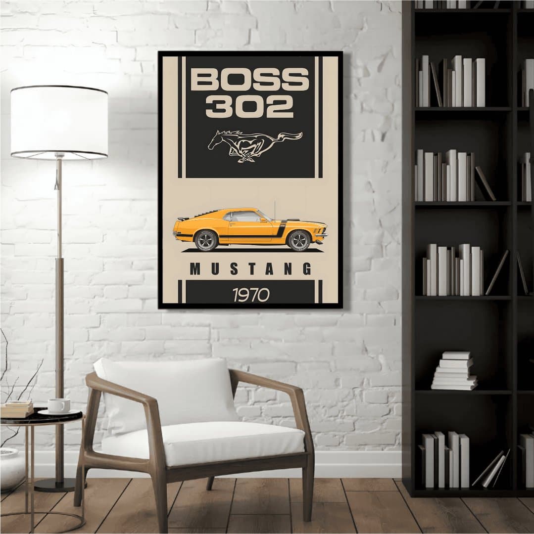 1970 Ford Mustang Boss 302 Car Frame & Poster | HD Acrylic Car Wall Decor for Home & Office | Wall Ready Design Frames & Posters 5
