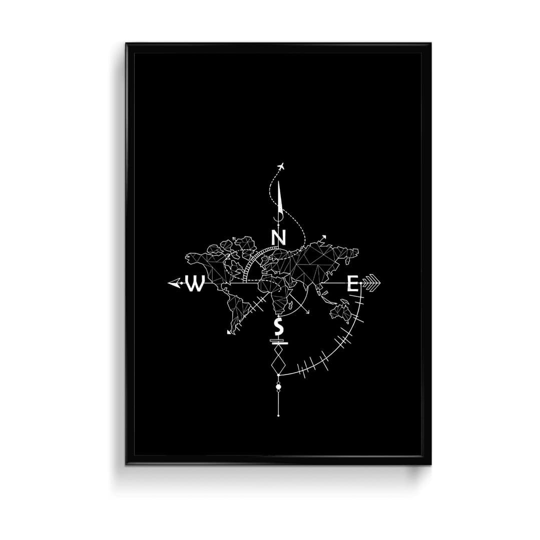 World Compass Minimalist Art (Black & White Aesthetic) Frame & Poster | HD Acrylic Black & White Aesthetic Wall Decor for Home & Office | Wall Ready Design Frames & Posters